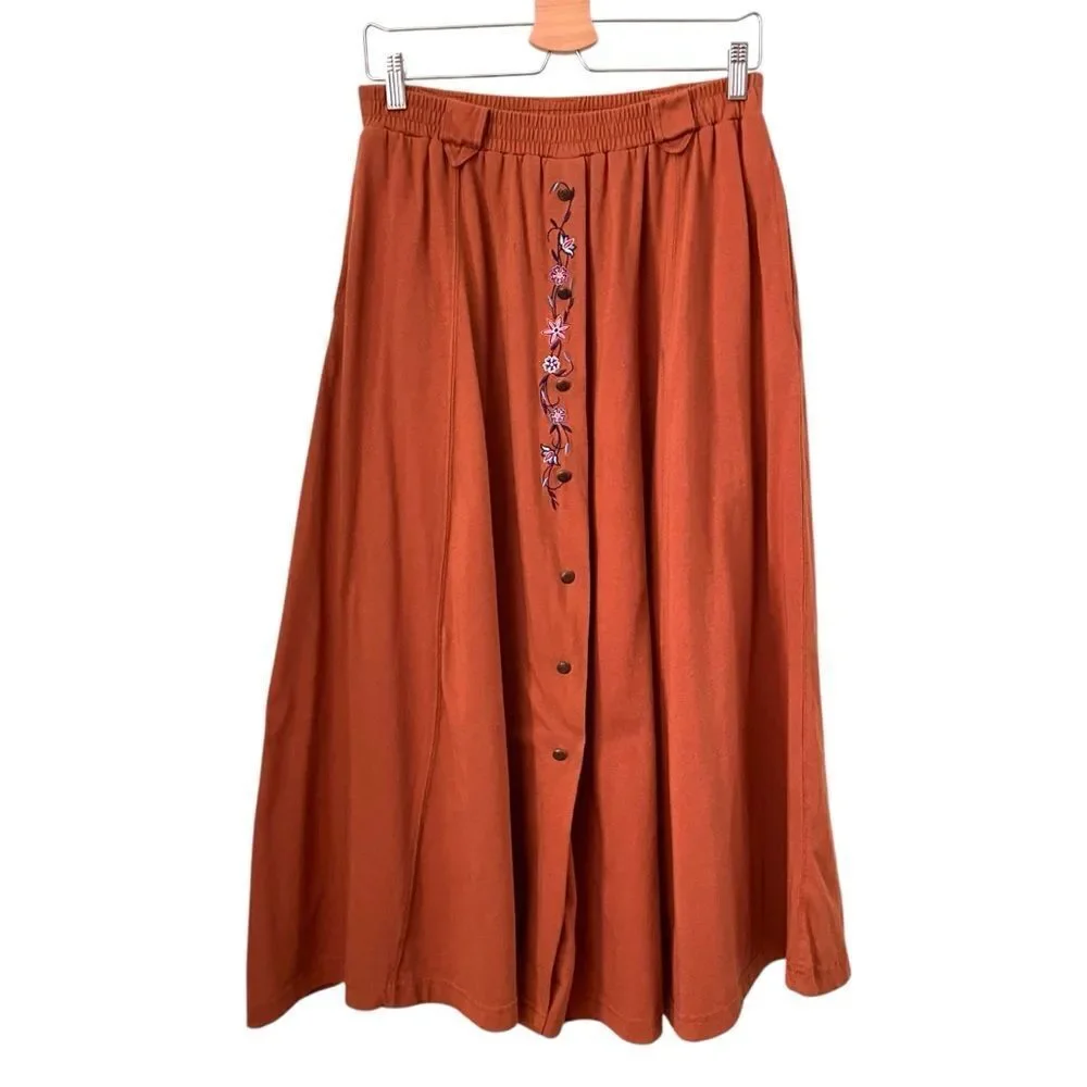 Vintage White Stag Embroidered Button-Down Skirt in Rust Color Size Medium